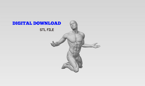 3D Printable Muscular Nude Man Kneeling with Arms Outstretched // STL FILE // MM10