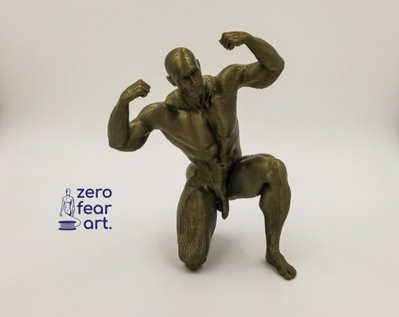 Very Muscular Naked Man Flexing While Kneeling // 6 Inches // 3D Printed // MM42