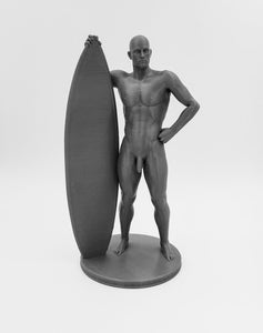 6" Nude Surfer Guy Posing with His Board // Solid 3D Printed // MM51B